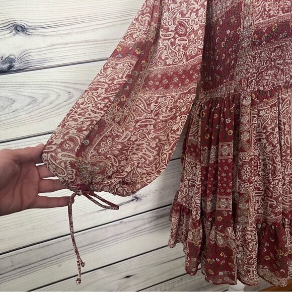 Polly Burgundy Patterned Ruffle Neck Long Sleeve Fit & Flare Dress - Picture 8 of 12